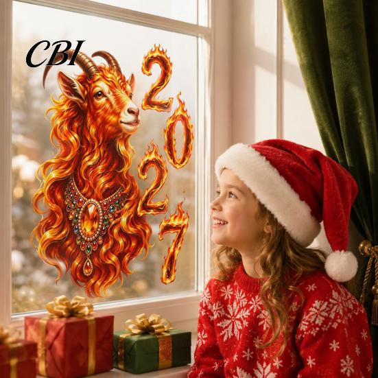 Static Glass Clings 2027 Year of Goat Window Cling, Lunar New Zodiac Flame Digital Design Decals Sticker, Style Spring Festival Door Decor for