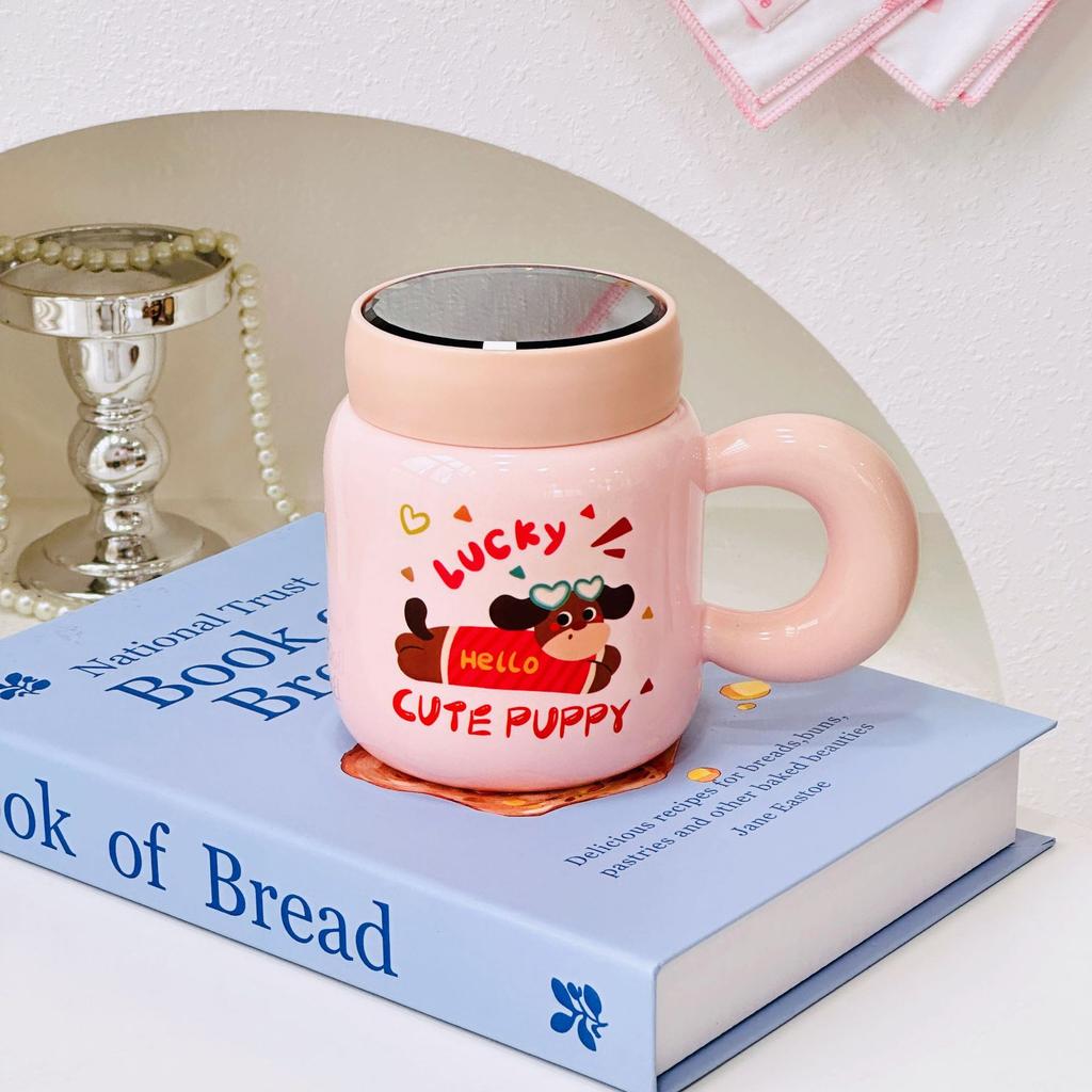 Cartoon Doodle Ceramic Cup with Lid for Girls Birthday Gift Couple Water Cup High Looking Animal Mug for Girlfriend