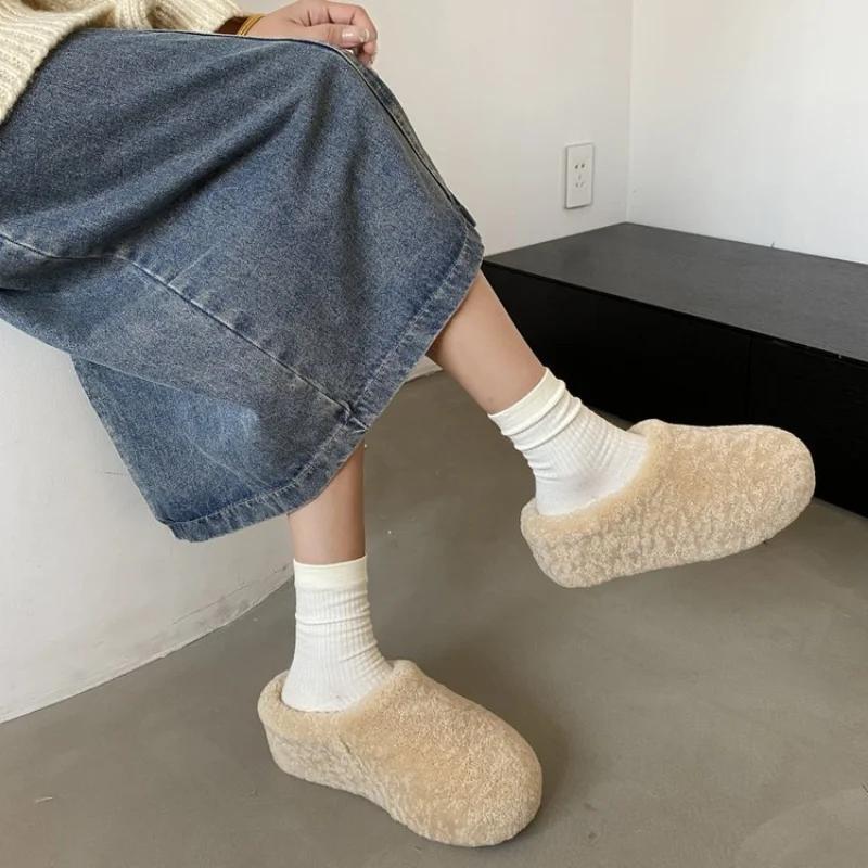 Women Winter Thick Sole Warm Fluffy Slippers Fashion Cozy Indoor House Slides Woman Increase Non Slip Plush Warm Cotton Slippers