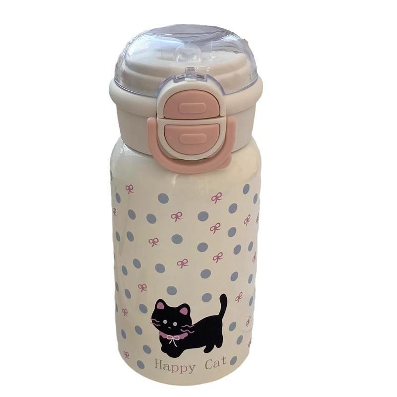 Water bottle polka dot kitten thermos cup large capacity stainless steel thermos cup children's straw cup high value water cup