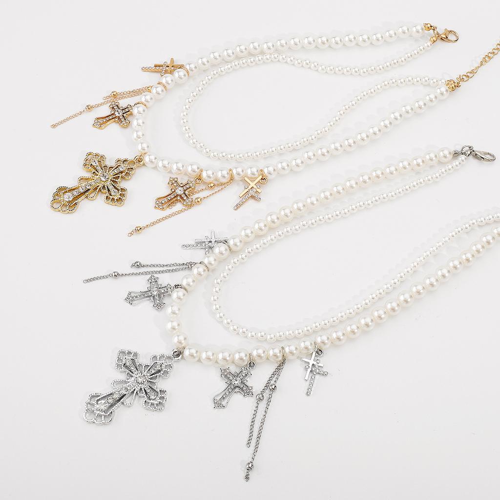 Tooxika Temperament Niche Design Double Layer Imitation Pearl Necklace Personalised Trefoil Cross Multi-layer Necklace
