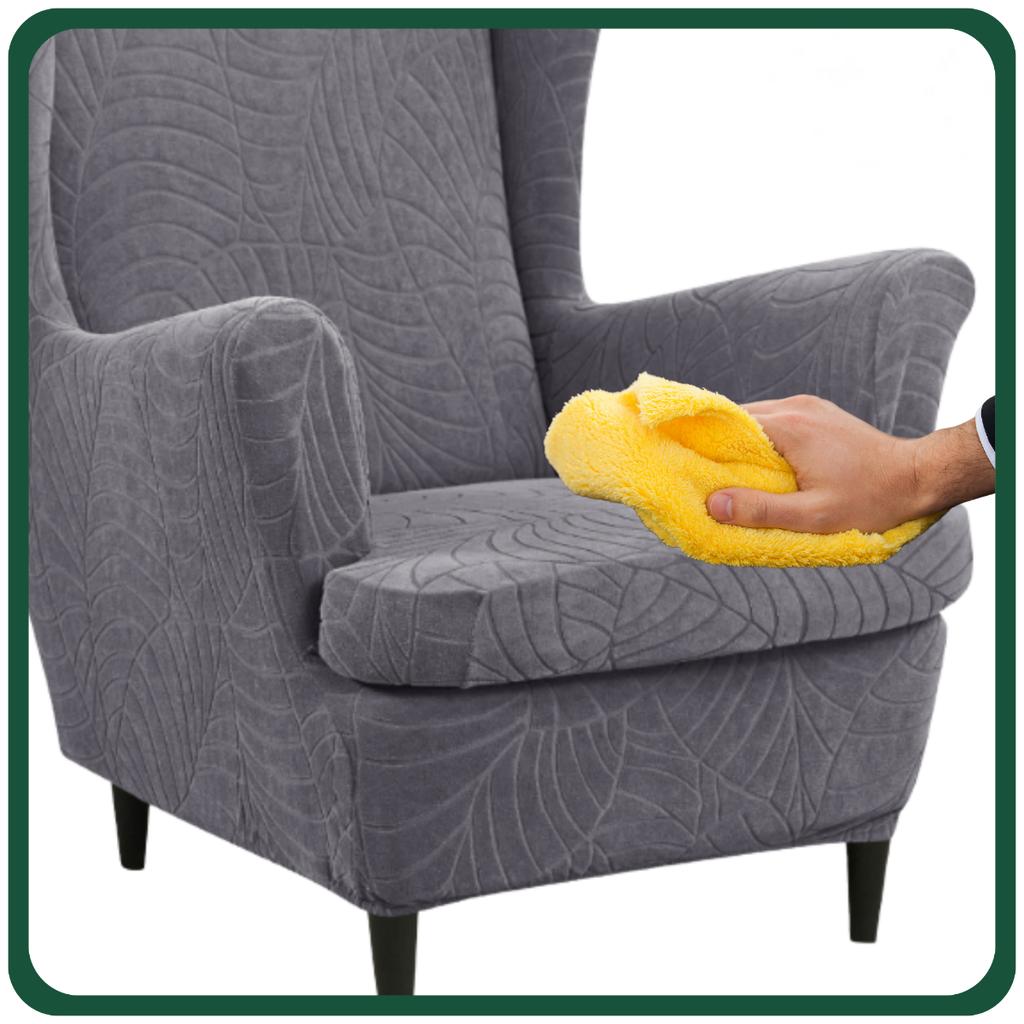 Wingback Chair Cover Gray Velvet Jacquard Patterned Elastic [30-Z3-Sz]