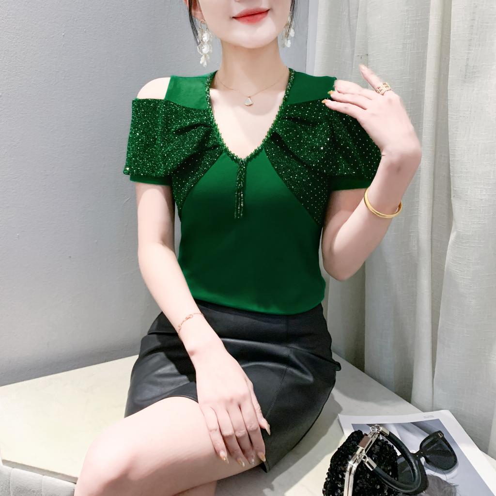 Summer Sexy Off Shoulder Beading T-shirt Women's Short Sleeves Tassels Design Tees New Cotton Female Tops
