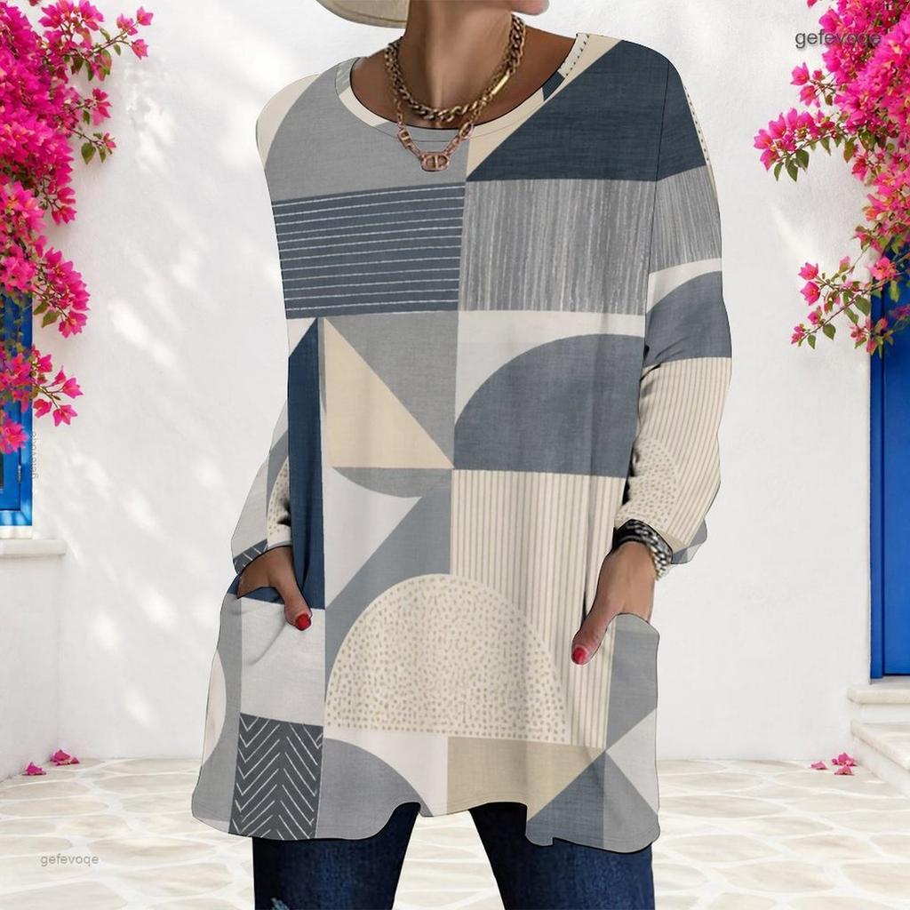 Women Plus Size Blue Pink Geometric Printed Round Neck Long Sleeve Loose Longline T Shirt With Pockets