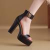 Fashion High Heel Sandals Women's Style Round Head Open Toe Metal Buckle Line with Waterproof Platform Non-slip Square Heels