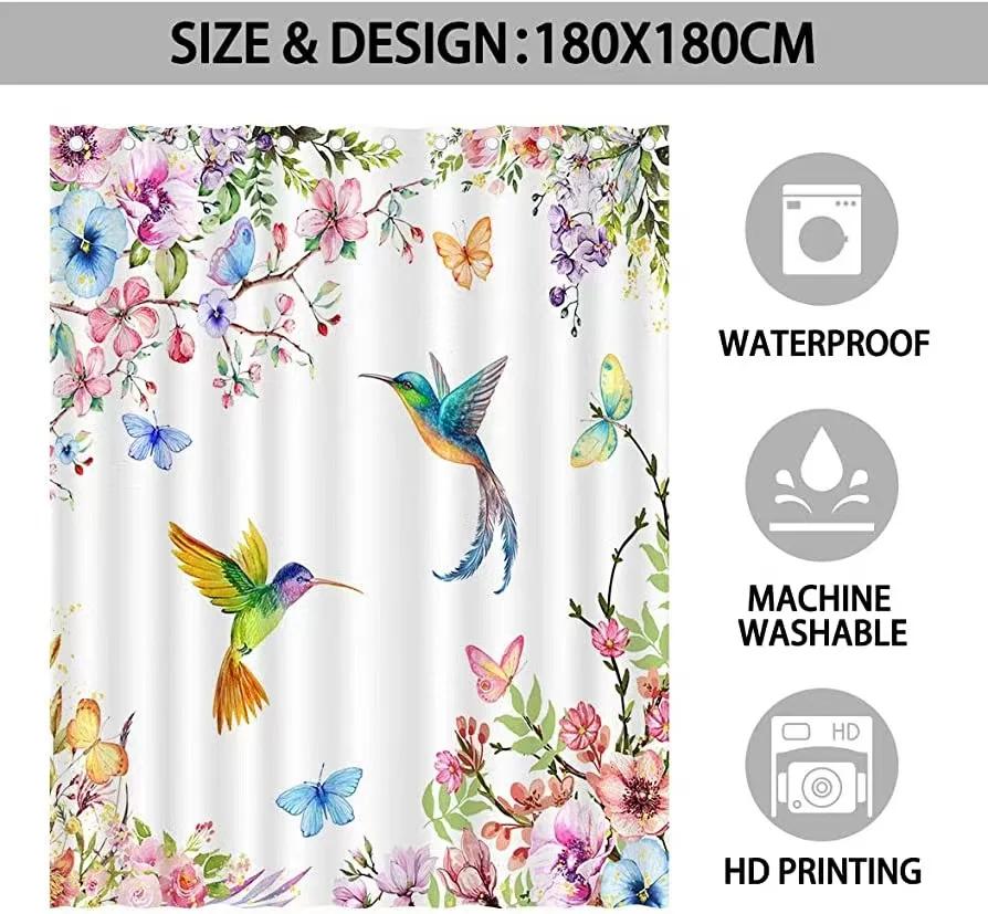 Spring Hummingbird Shower Curtain for Bathroom Floral Bird Shower Curtain Flower Butterfly Bathtub Decor Set Washable Polyester