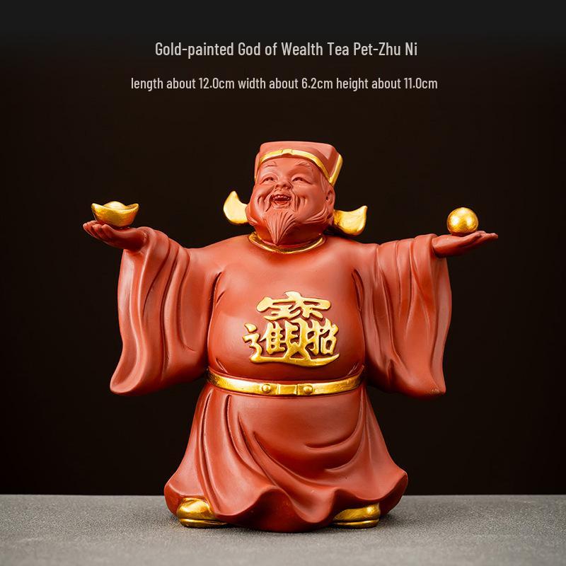 Zisha God of Wealth Tea Pet Figurine - Attracts Wealth & Treasure, Decorates Tea Table, and Grows with Tea; Includes Lid Holder Accessory