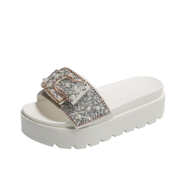 

Женские тапочки на платформе с жемчугом и бисером, шлепанцы с бантом и кристаллами, шлепанцы на высоком каблуке с толстой подошвой, женские сандалии, большой размер 43 41 белый