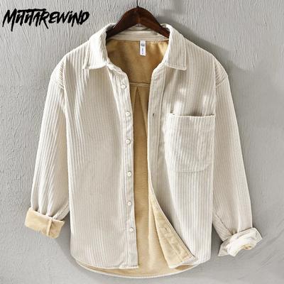 Autumn and Winter Warm Shirt Men Daily Casual Casual Tops Lapel Corduroy Thicken Fleece Shirt with Pocket Simple Style Men Clothing