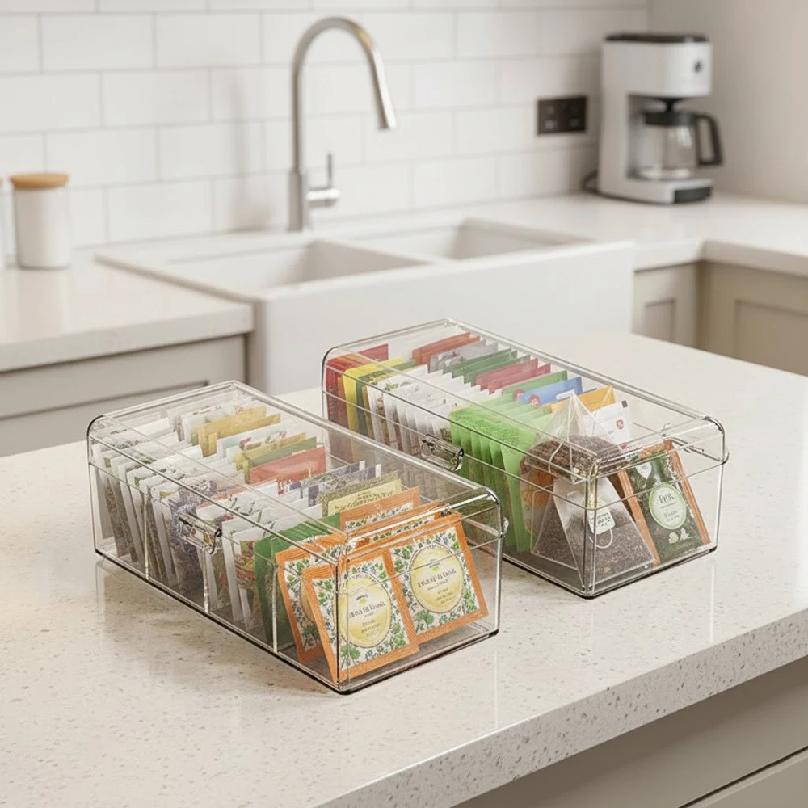 4 Compartment Lidded Storage Box Tea Bag Storage Box Food Storage Organizer Dustproof Multifunctional for Cosmetics,  Stationery