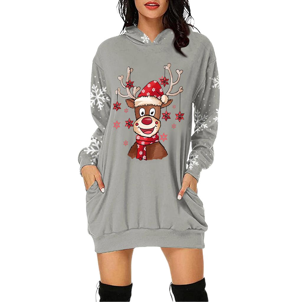 Rochie Pulover cu Glugă și Mâneci Lungi cu Buzunar și Imprimeu de Crăciun pentru Femei