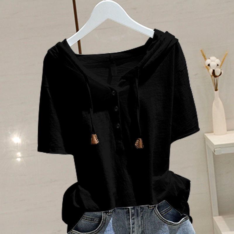 Cotton Hooded Short-Sleeve Women's T-Shirt - Spring/Summer 2025, Loose Fit, Slim, All-Match Pullover, Korean Style.