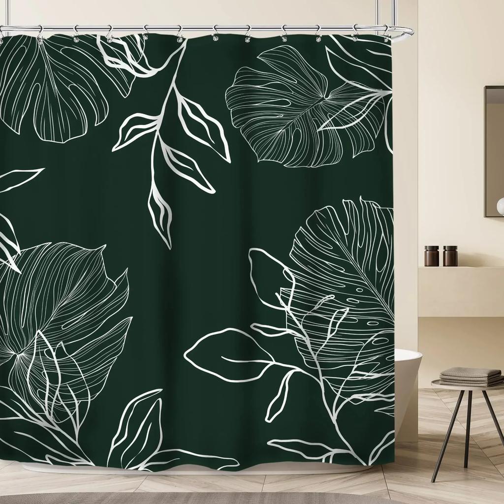 Green Hawaii Tropical Shower Curtain Green Gold Tropical Leaves Plant Fabric Bathroom Curtain Botanical Jungle Bath Curtain Set