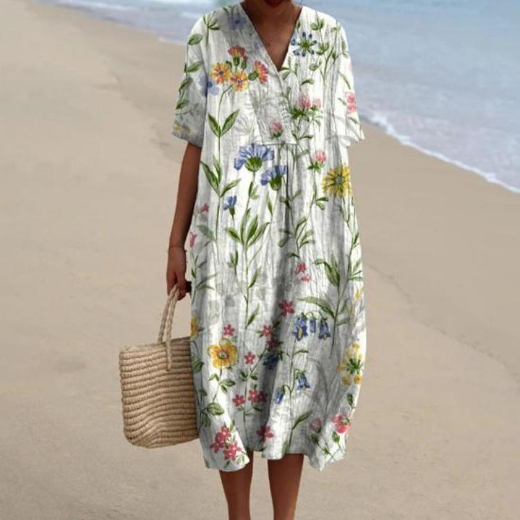 Vintage Floral Print Bohemian Summer Dress Women Loose V Neck Short Sleeves Knee Length A Line Beach Dating Midi Dress