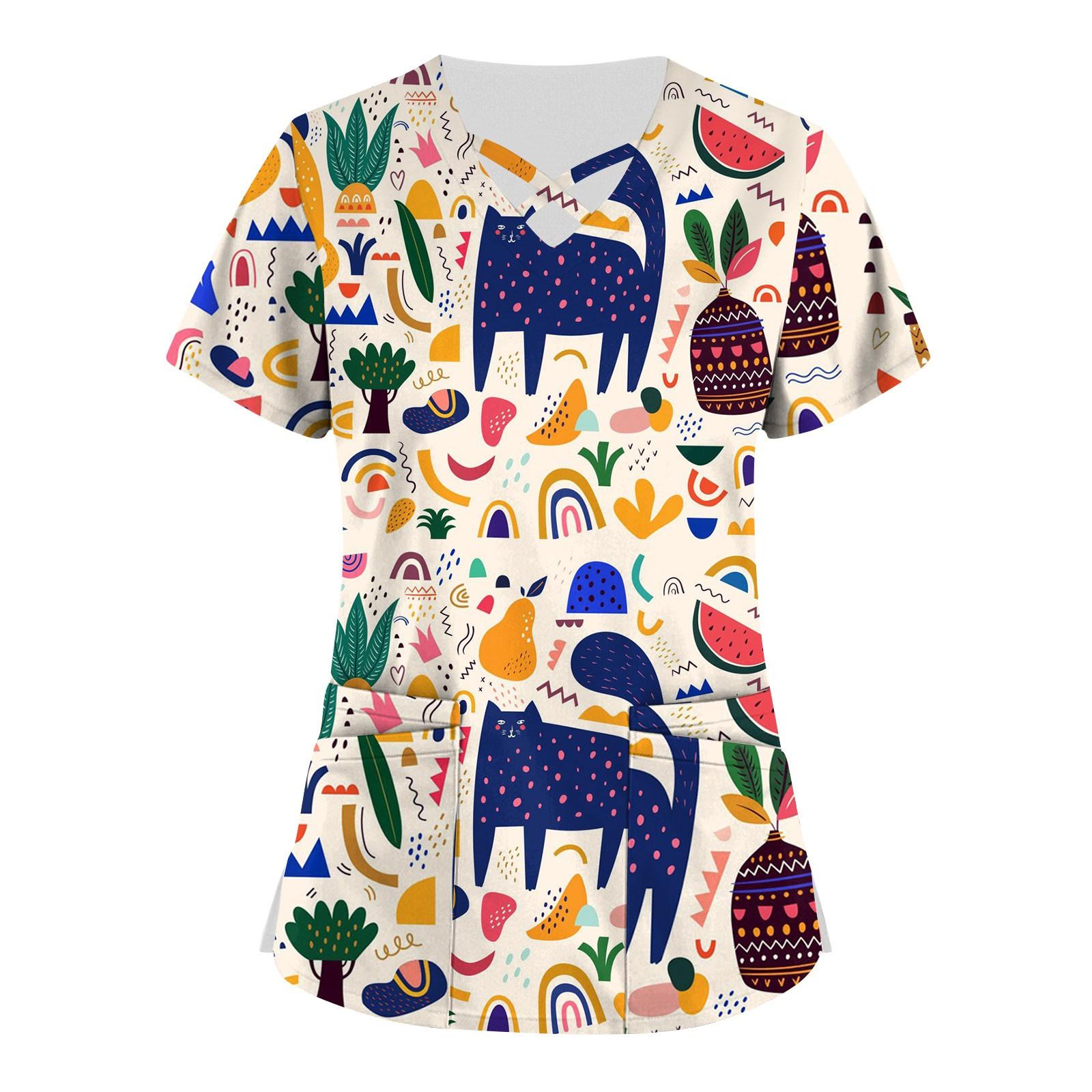 

(Куниде) Плюс размер, милая рабочая форма с принтом, топы для женщин, забавные футболки с перекрестным v-образным вырезом и короткими рукавами, рабочая одежда, футболка с карманами S синий