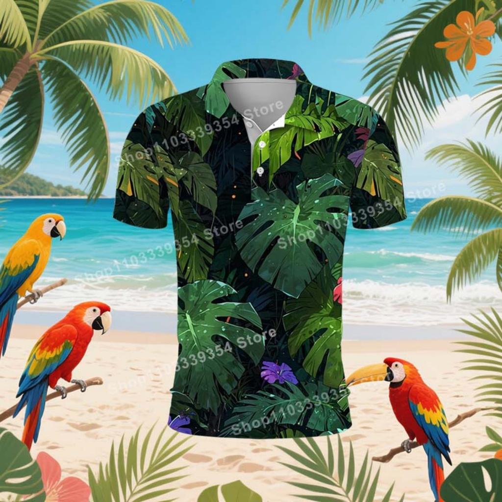 Hawaiian Beach Coconut Trees Polo Shirt For Men Summer 3D Print Leaves Short Sleeve Golf Polo