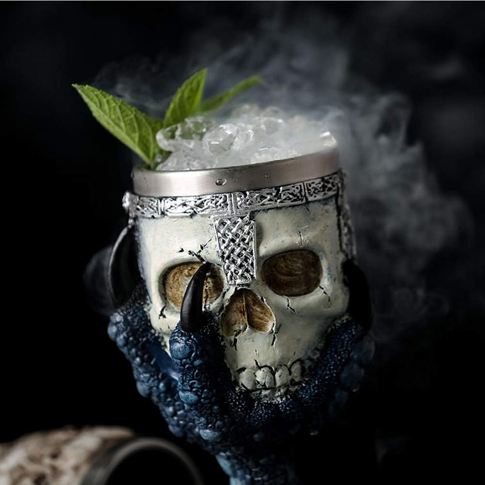 Tvoip Horrible Resin Stainless Steel Skull Goblet Retro Claw Wine Glass Gothic Cocktail Glasses Wolf Whiskey Cup Party Bar Drinkware (Skull1)
