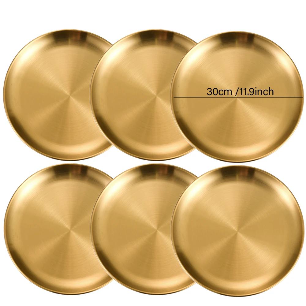 6Pcs Stainless Steel Thickened Barbecue Disc Golden Silver Cafe Tray Fruit Plate Cake Plate Bone Dish Shallow Plate