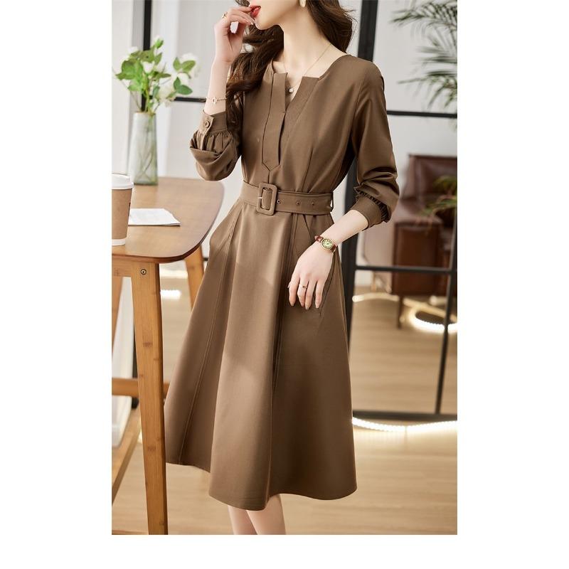 Waist V-neck Solid Color Belt Long-sleeved Pullover Fashionable Elegant Casual Women's Dress