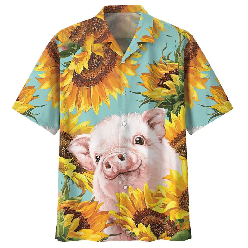 Cartoon Schwein Muster Hawaiihemd für Herren 3D Gedruckte Tiere Kurze Ärmel Sommer Revers Übergroße Hemden Street Button Blusen