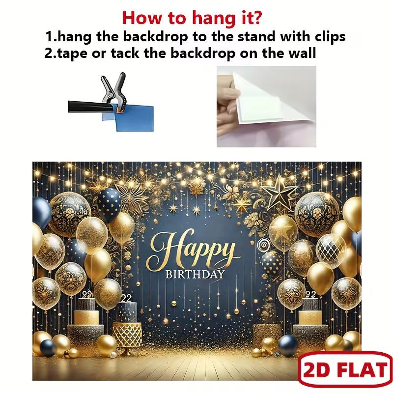 2D Elegant Navy Blue Gold Star Happy Birthday Backdrop for Adult Party