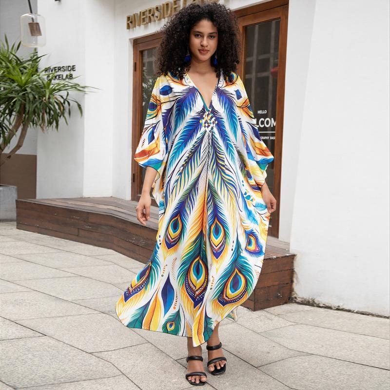 Vestidos casuales holgados con cuello en V y manga larga con estampado de bloques de color para mujer, primavera y otoño