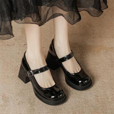 Elegante Damen High Heels Mary Janes Schuhe Klassische Kleiderpumps Schwarz Weiß Dick Absatz Weiblich Hochzeit Büro Schuhe