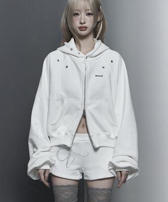 Etre Au Sommet Hotfix Detail Cropped Two-Way Zip Hoodie (White)
