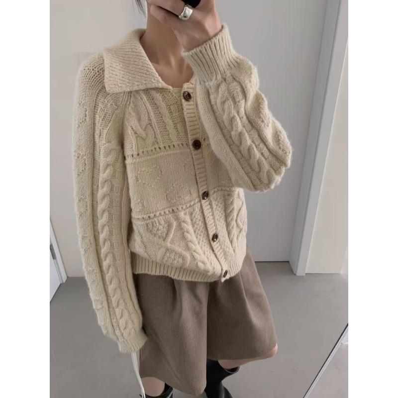 Retro Lapel Twist Knitted Cardigan Women's Clothing Autumn and Winter New Soft Waxy Loose Lazy Sweater Jacket