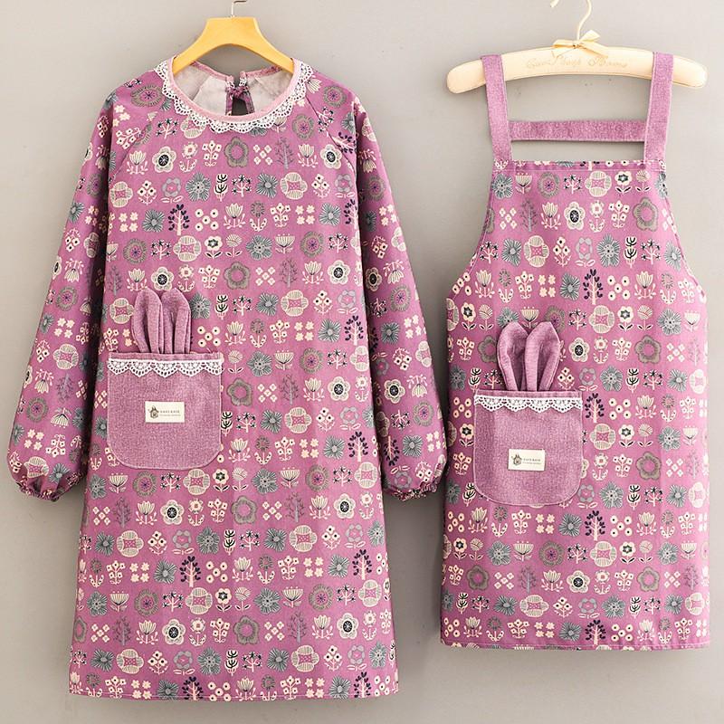 Cotton Canvas Apron With Sleeves Kitchen Cooking Floral Print Adult Chef Bib Lightweight Stain-Resistant