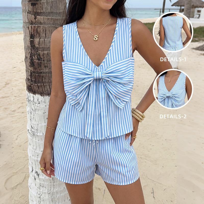 Women French Style Striped Bow Backless Sleeveless Top And Shorts Two Piece Set