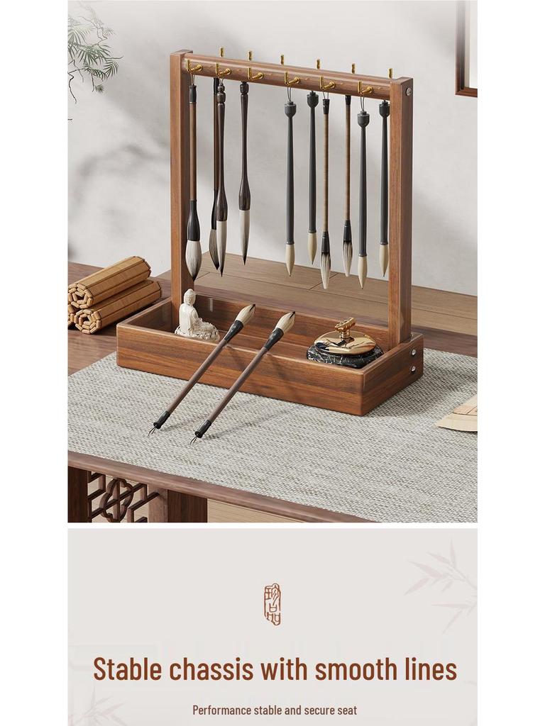 Solid Wood Hanging Calligraphy Brush Rack with Metal Hooks - Desktop Storage Holder for Scholar's Four Treasures.