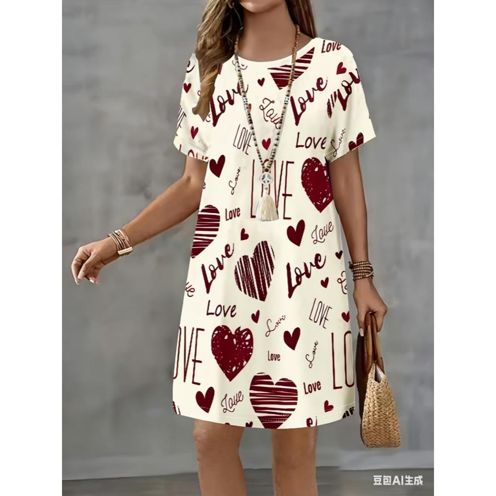 New love-themed printed dress, women's summer short-sleeved round-neck casual A-line skirt