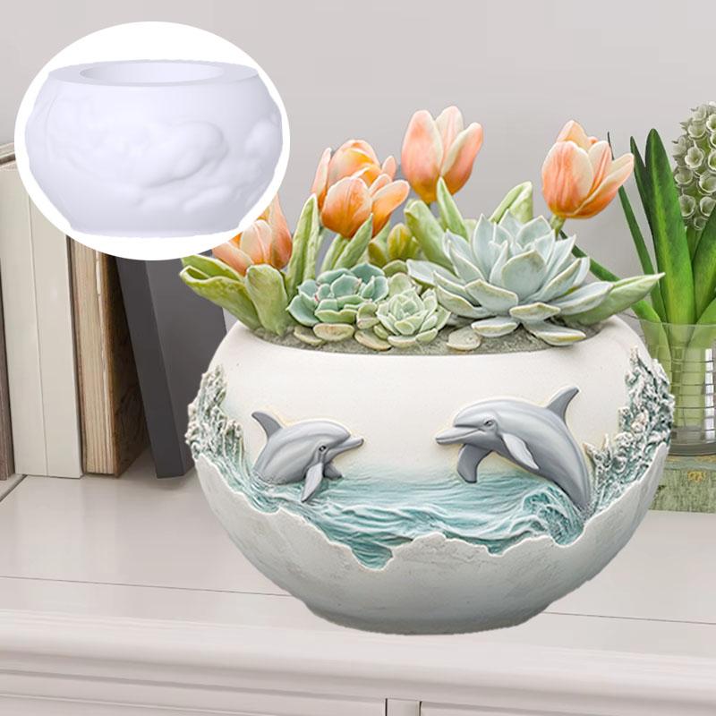 Couple dolphin relief succulent plant flowerpot resin silicone mold ocean wave animal dolphin storage box candle cup gypsum mold