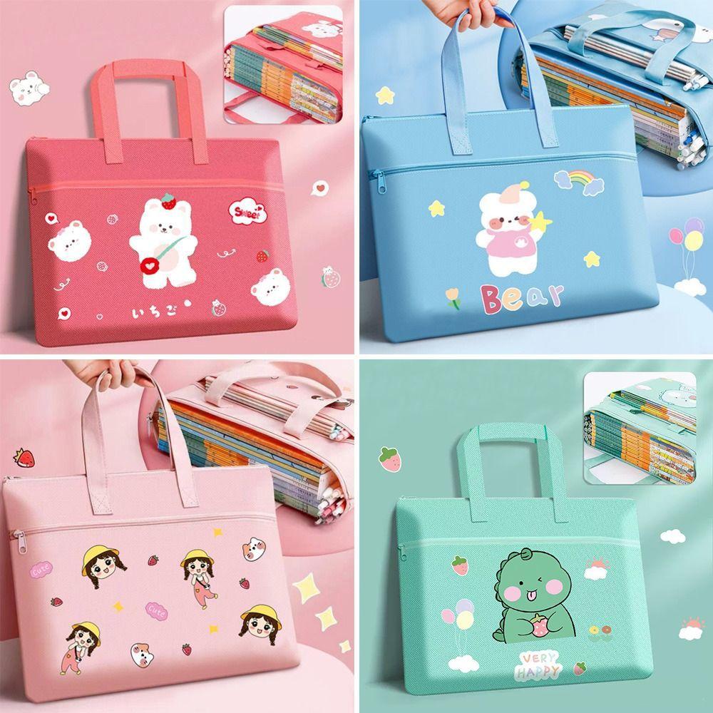 New Double Layer Cartoon File Bag Canvas Zipper File Bag Cartoon Large Capacity Student Tote Tutoring Class