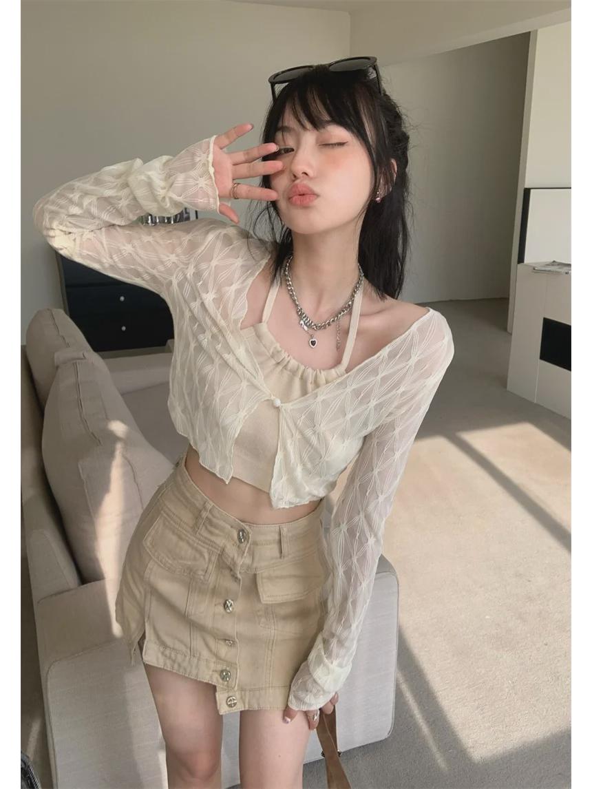 

Женский сетчатый кардиган в американском стиле Sweet & Spicy — облегающий, короткий, с длинными рукавами, летний топ One Size