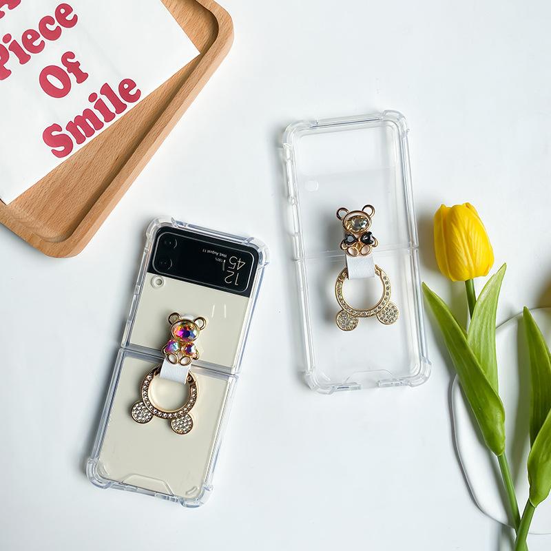 For Samsung ZFlip6 Airbag Anti-fall Flip Folding Screen Mobile Phone Case Rhinestone Bear 7 Transparent Simple Ring Ins