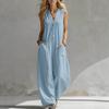 Womens Sleeveless V Neck Button Front Wide Leg Jumpsuit
