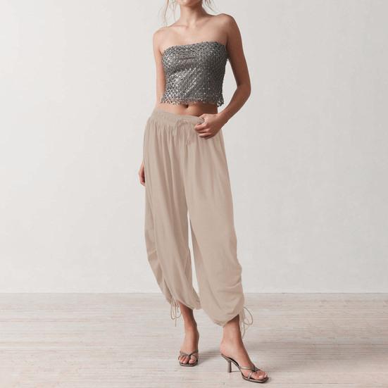 Women Bloomers High-Drape Side Shirring Wide Leg Pants with Elastic Waistband Adjustable Drawstring Pure Color Casual