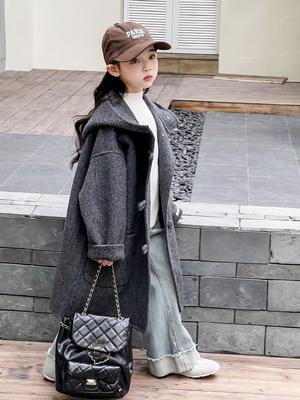 2025 Girls' Autumn/Winter Wool Blend Cashmere Coat - Double-Faced, Thick, Mid-Length for Ages 6-12