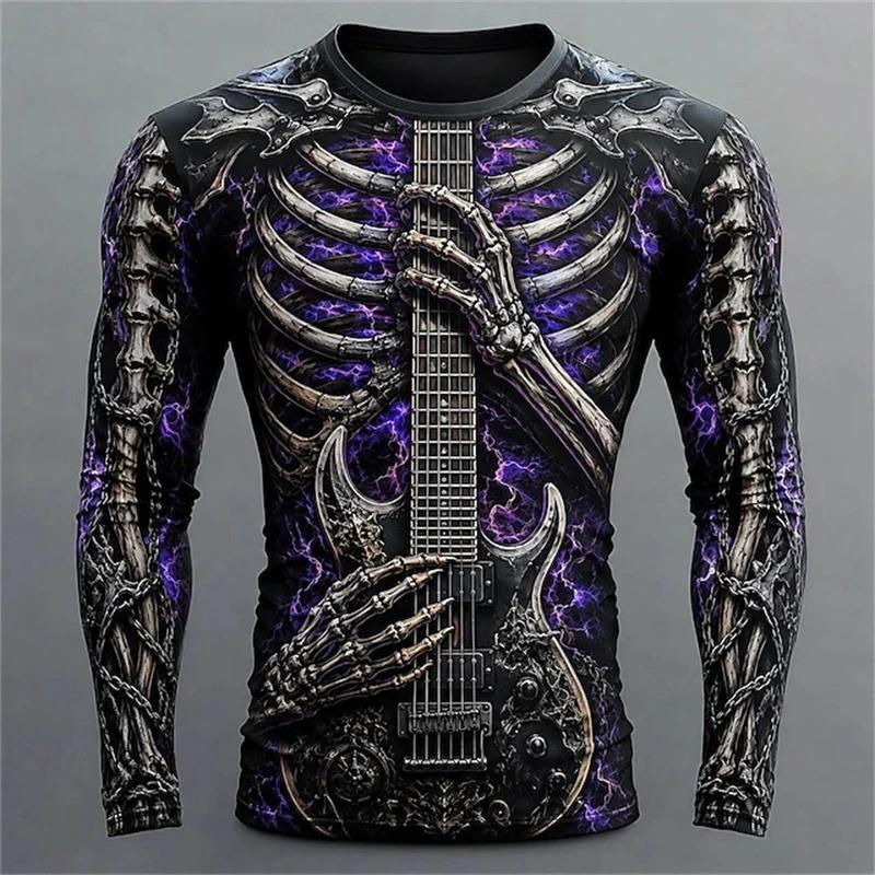 New Men's Long-Sleeve T-Shirt with Cool 3D Flame and Skull Guitar Design Perfect for Halloween Parties and Horror-Themed Outfits