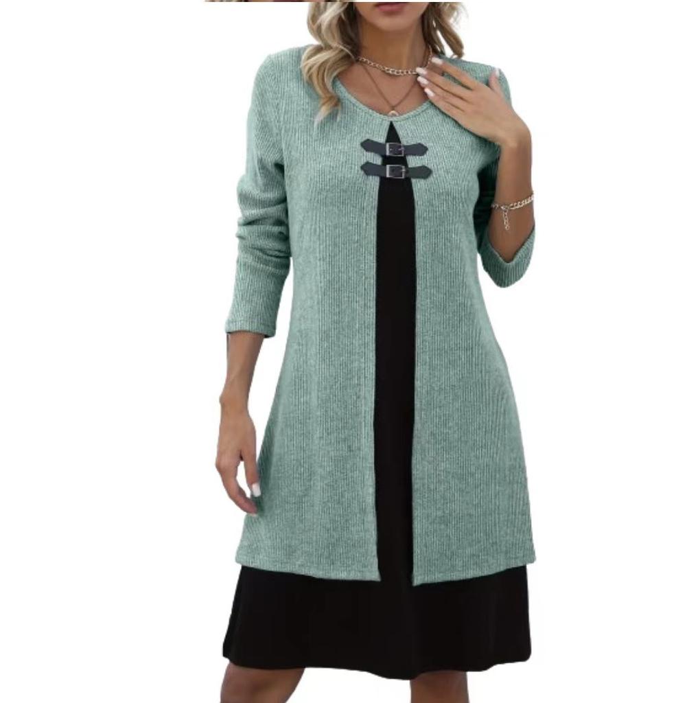 Color Blocking Fake Zweiteiler Knopfkleid Pullover