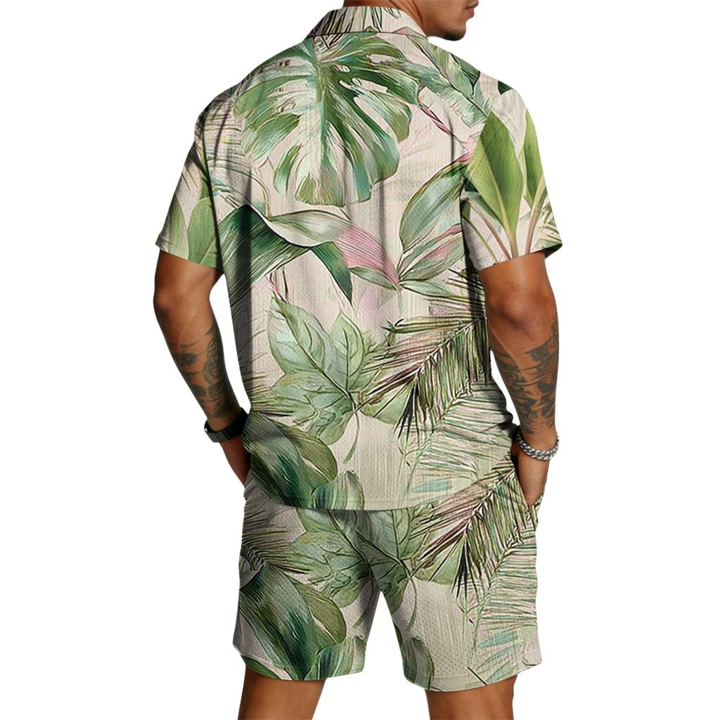 Men's Casual Printed Lightweight Breathable Shirt and Drawstring Shorts Set