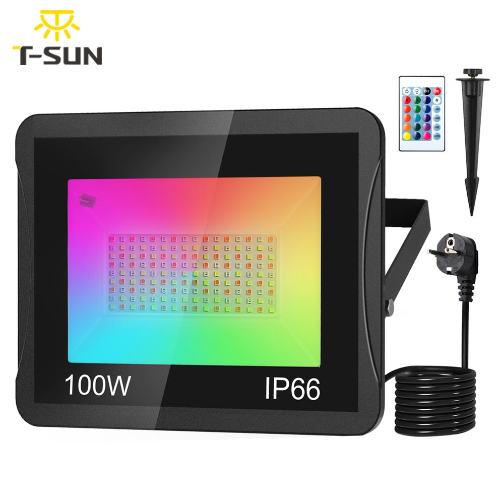 T-SUN RGB LED 100W Flood Light IP66 Waterproof Outdoor Spotlight  Reflector Projector Lamp For Garden Christmas Decoration