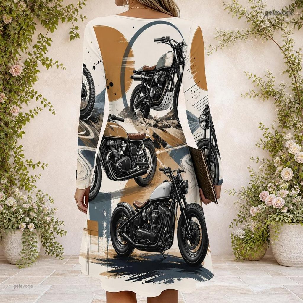 Women Criss Cross V Neck Long Sleeve Cartoon Excavator Printed Fitted Curved Hem Dress