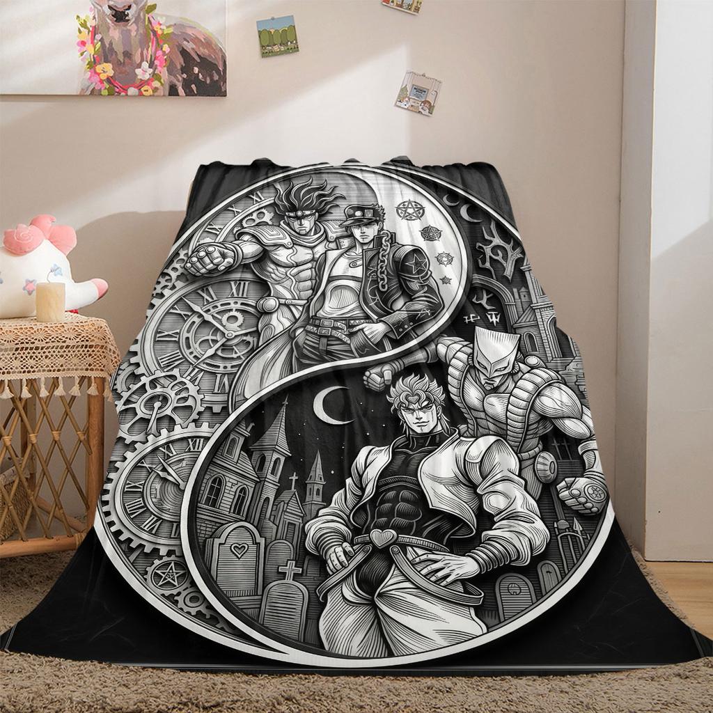 JoJo's Bizarre Adventure Flanelldecke mit Aufdruck, Bettwäsche im Cartoon-Design für Sofa, Gemütliche Heimdekoration, Reise-Picknick-Decke_LIAN