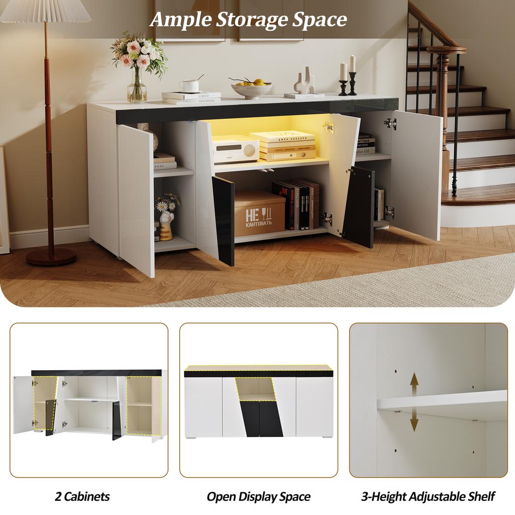 140 x 40 x 65 cm, Living Room Sideboard with 3 Cabinets and 4 Doors, Angled Design + Black-White Color Blocking, Modern Dresser with LED Light Strip
