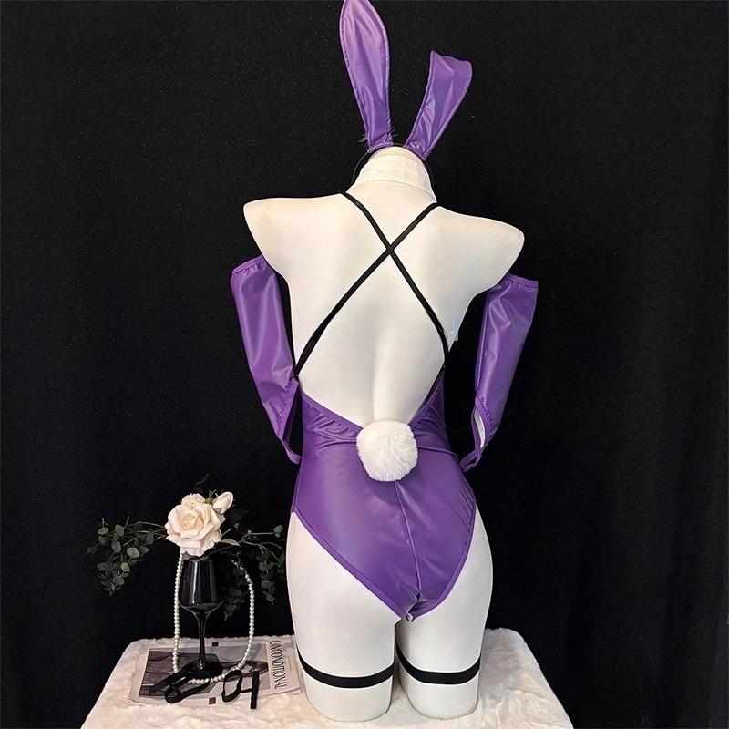 Cute Sexy Anime Bunny Girl Costumes Women Leather Mesh Purple Bodysuit School Girl Underwear Nightdress Outfit Halloween Clothes