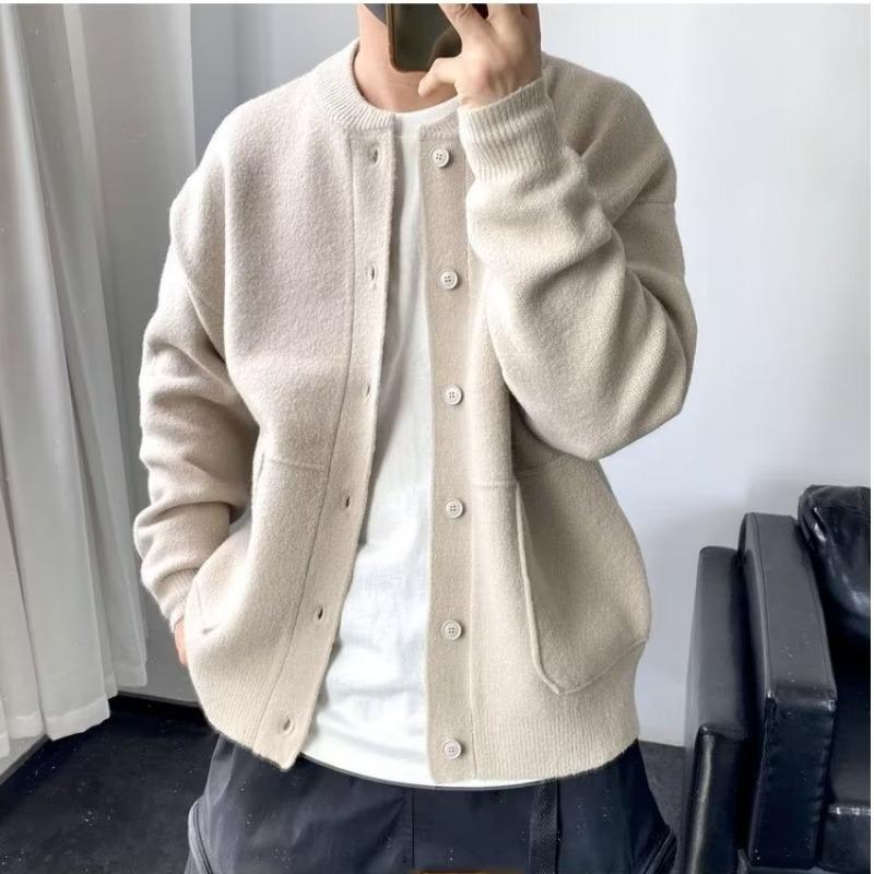 Men's Japanese Round Neck Cardigan: Spring/Fall Hong Kong Style Knit Sweater, Simple Loose Fit, Thick Sweater Coat