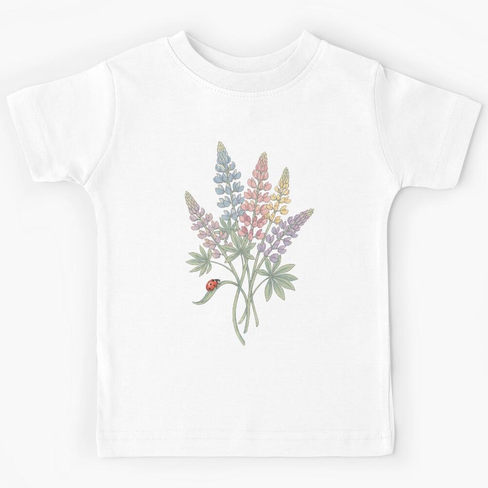Pastel Lupine Wildflowers with Ladybug Botanical Art Kids T-Shirt 140